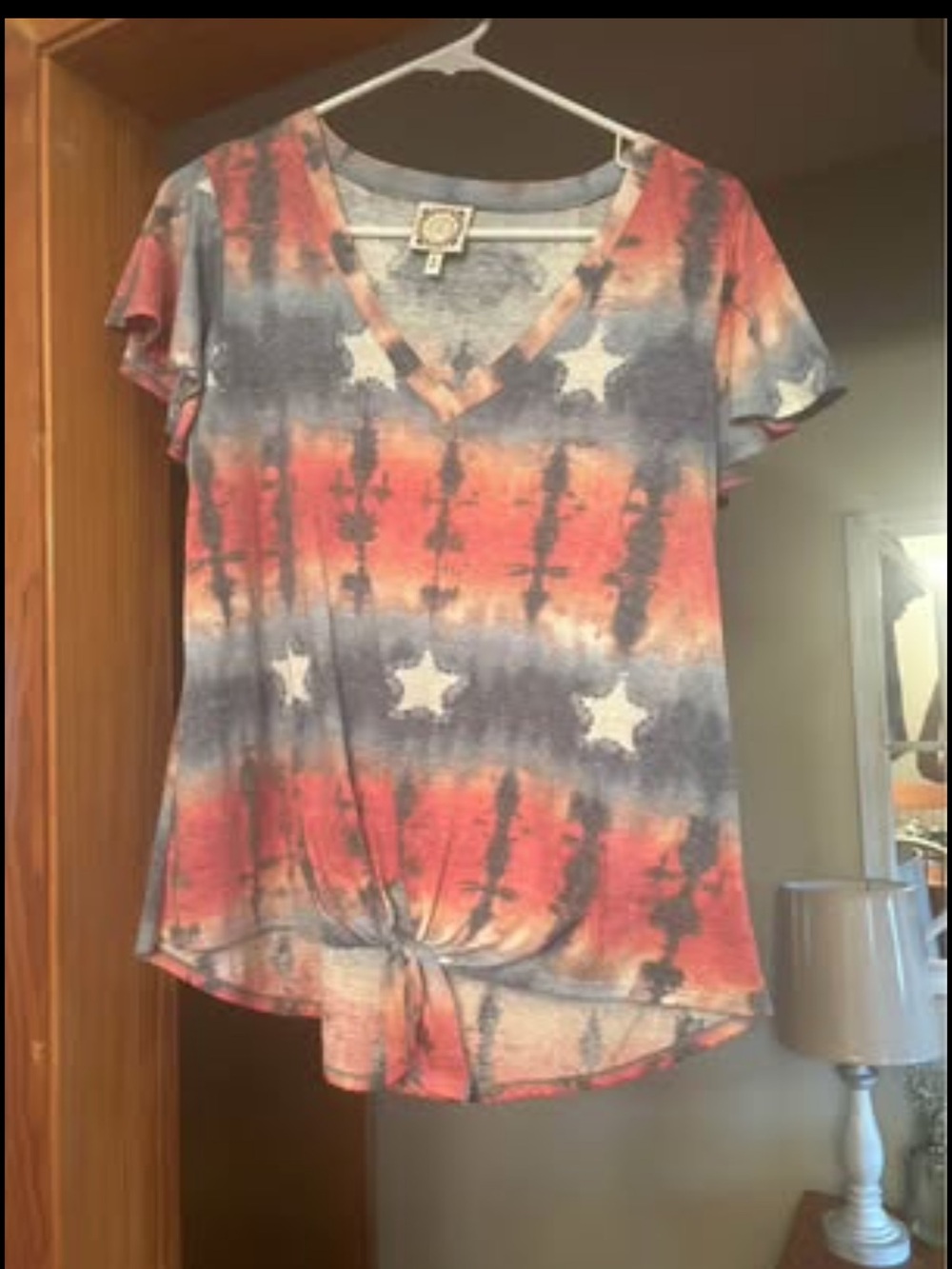 Women's V-Neck Tie-Dye Star Knot Front Tee - Red & Blue